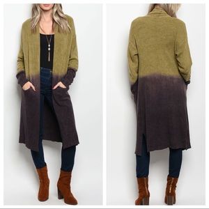 Long Cozy Knit Duster Cardigan - Chenille Olive Plum Ombre